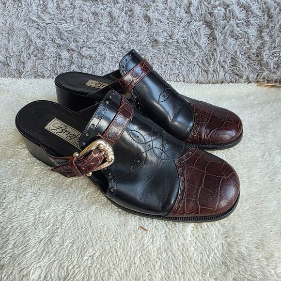 Vintage Brighton Women's Two Tone Leather Comfort‎ Heeled Mules Size 7.5M Black - Picture 1 of 6